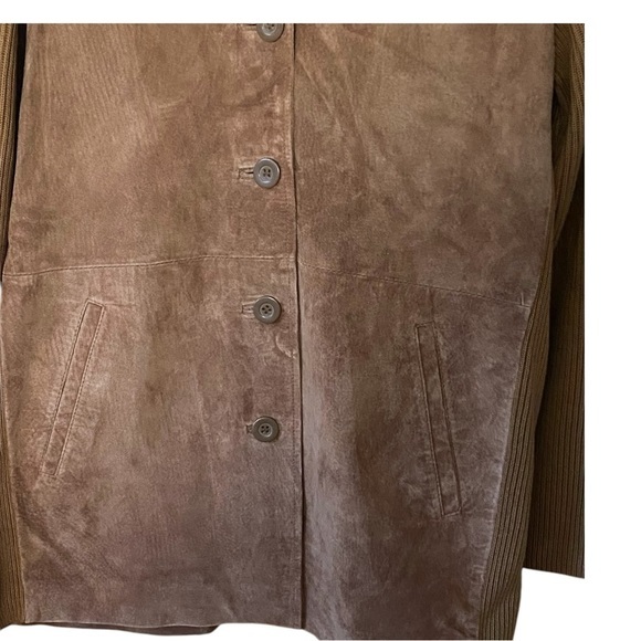 Suede with Ribbed Knit Chestnut Brown Button-Front Jacket - Picture 3 of 6